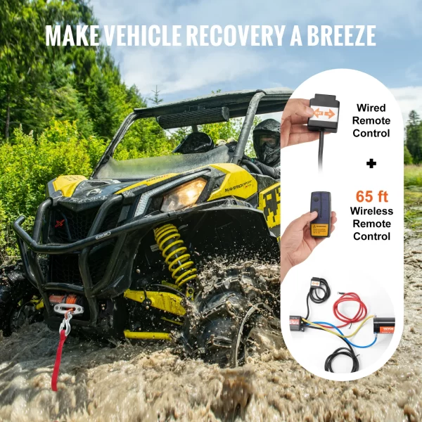 VEVOR 4500lbs ATV/UTV Electric Winch 12V DC with 39 ft Synthetic Rope Wireless & Wired Remote Control IP55 Waterproof - Image 5