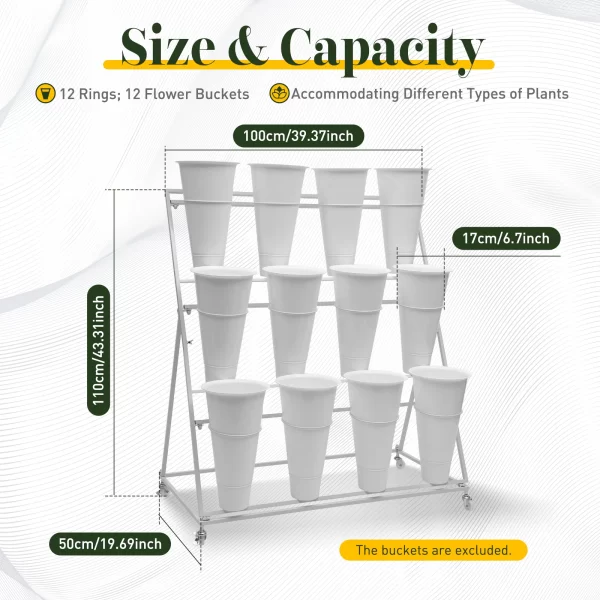 3 Layers Flower Display Stand Movable Modern Metal Plant Shelf with 12Pcs Flower Buckets - Image 35