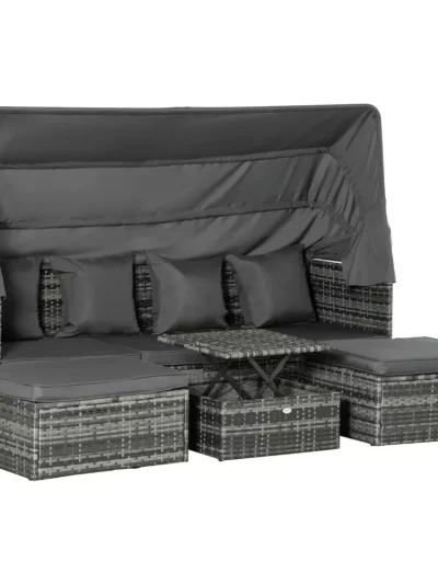 4 Piece Patio Furniture Set with Cushions, PE Rattan Daybed with Retractable Canopy