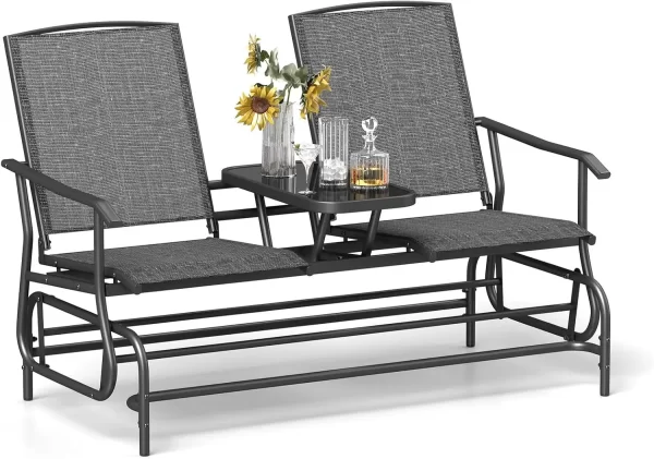 2 Person Swing Glider Chair, Patio Rocking Loveseat w/Center Tempered Glass Table - Image 8