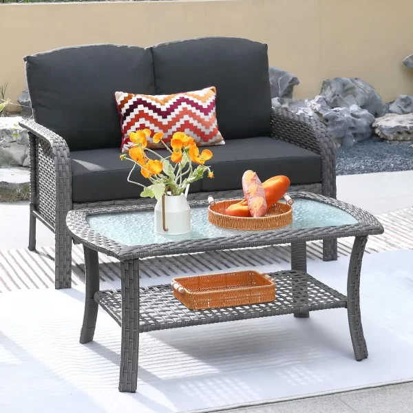 2 Pieces Patio Furniture Set, Outdoor Wicker Sofa with Glass Coffee Table - Image 9