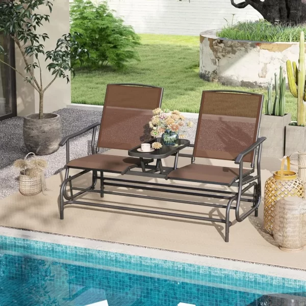 2 Person Swing Glider Chair, Patio Rocking Loveseat w/Center Tempered Glass Table - Image 2