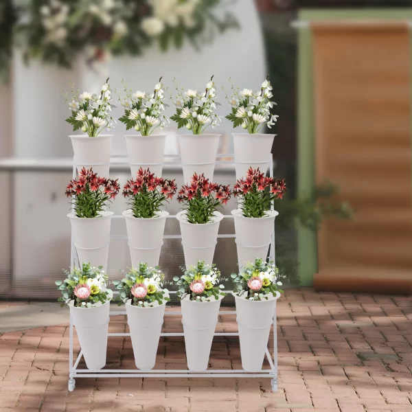 3 Layers Flower Display Stand Movable Modern Metal Plant Shelf with 12Pcs Flower Buckets - Image 11