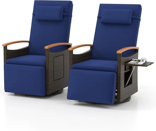 Outdoor Swivel Rattan Recliner Chairs Set of 2, Flip Side Table - Image 8
