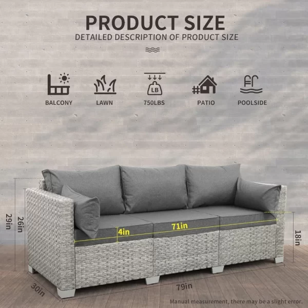 Outdoor Couch 3 Seater Wicker Patio Sofa Grey Rattan - Image 2