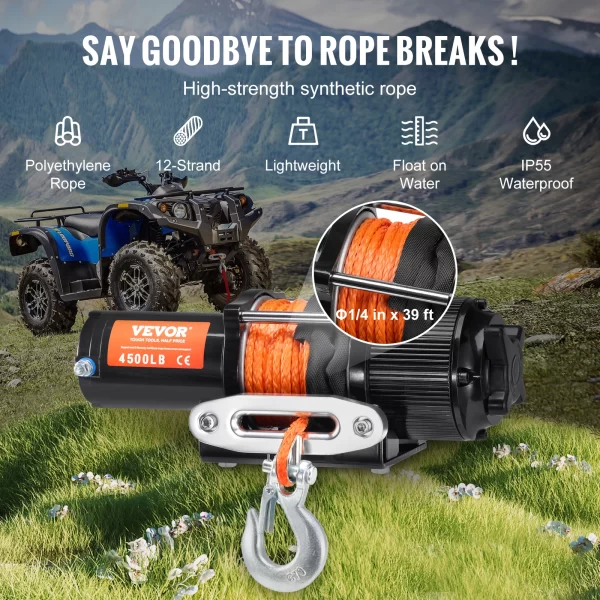 VEVOR 4500lbs ATV/UTV Electric Winch 12V DC with 39 ft Synthetic Rope Wireless & Wired Remote Control IP55 Waterproof - Image 4