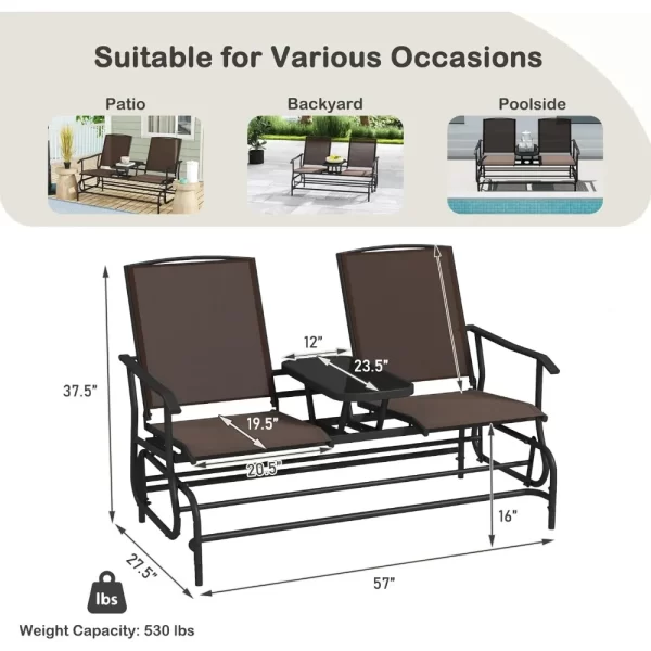 2 Person Swing Glider Chair, Patio Rocking Loveseat w/Center Tempered Glass Table - Image 3