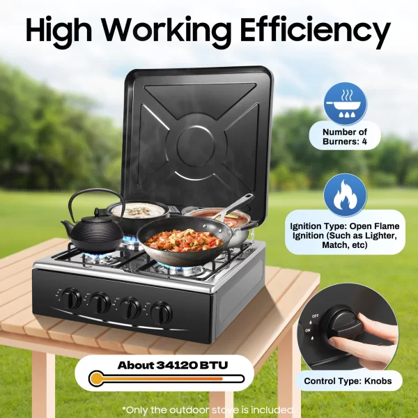 4 Burner Gas Stove Portable Outdoor Stove w/ Wind Blocking Cover , LPG Gas Stove - Image 3