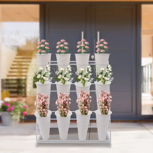 3 Layers Flower Display Stand Movable Modern Metal Plant Shelf with 12Pcs Flower Buckets - Image 10