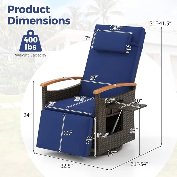 Outdoor Swivel Rattan Recliner Chairs Set of 2, Flip Side Table - Image 10