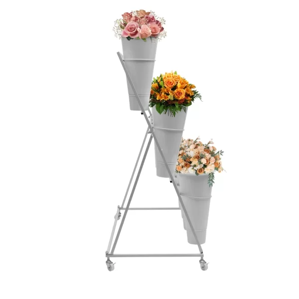 3 Layers Flower Display Stand Movable Modern Metal Plant Shelf with 12Pcs Flower Buckets - Image 13