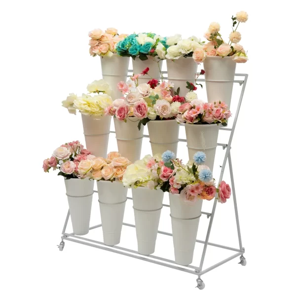 3 Layers Flower Display Stand Movable Modern Metal Plant Shelf with 12Pcs Flower Buckets - Image 3