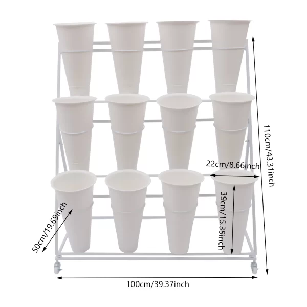 3 Layers Flower Display Stand Movable Modern Metal Plant Shelf with 12Pcs Flower Buckets - Image 15