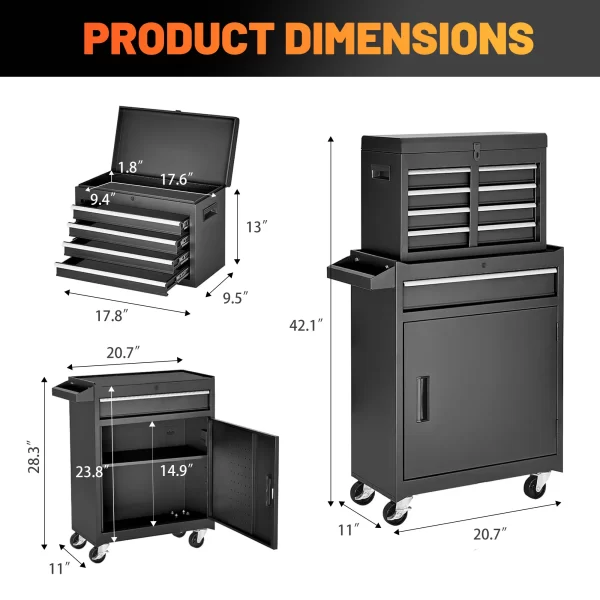 Tool Chest, 5-Drawer Rolling Tool Storage Cabinet with Detachable Top Tool Box - Image 6