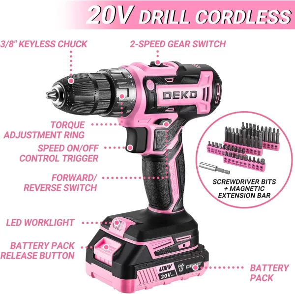 Pink Drill Tool Kit Set: 20V Cordless Power Drill Tool Box with Battery Electric Drill Driver - Image 3