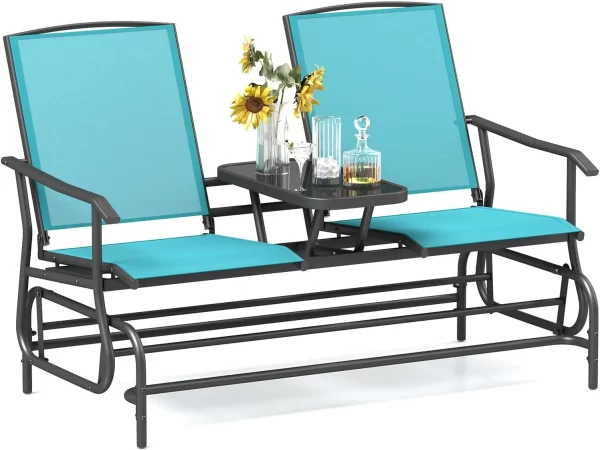 2 Person Swing Glider Chair, Patio Rocking Loveseat w/Center Tempered Glass Table - Image 12