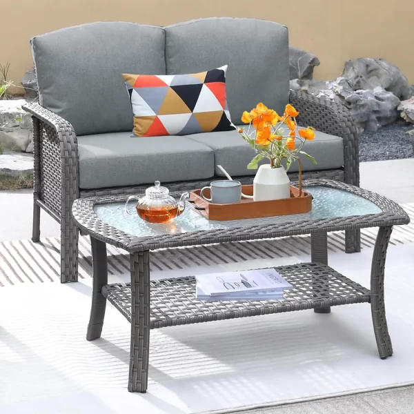 2 Pieces Patio Furniture Set, Outdoor Wicker Sofa with Glass Coffee Table - Image 8