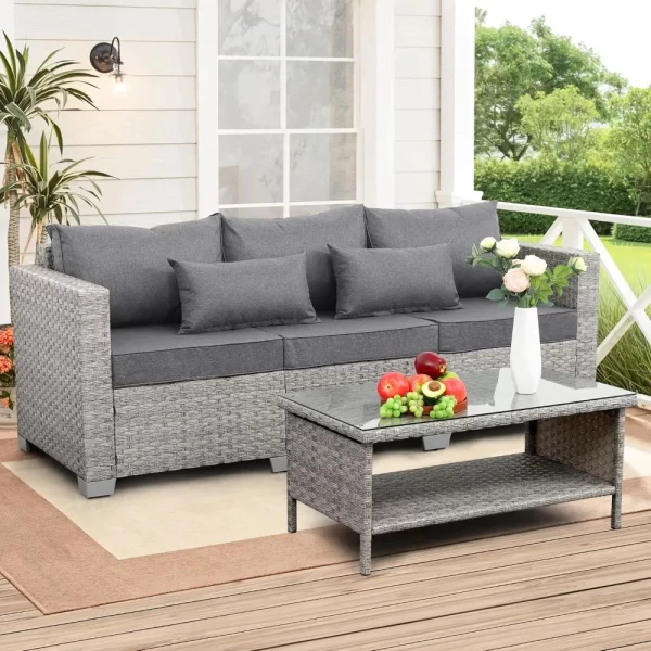 Outdoor Couch 3 Seater Wicker Patio Sofa Grey Rattan - Image 6