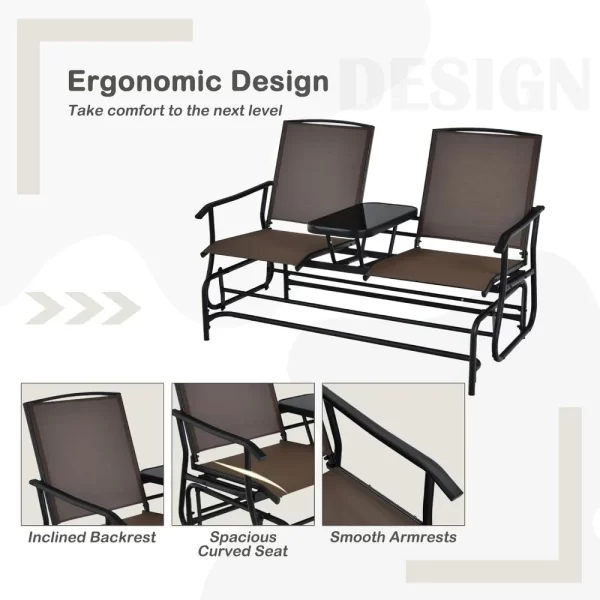 2 Person Swing Glider Chair, Patio Rocking Loveseat w/Center Tempered Glass Table - Image 6