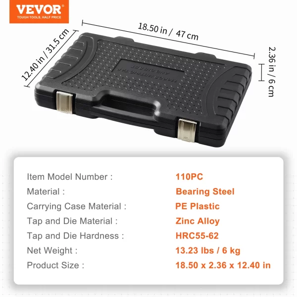 VEVOR Tap and Die Set 40PCs 60PCs 80PCs 110/116PCs Metric or SAE Standard Bearing Steel Taps and Dies Essential Threading Tool - Image 11