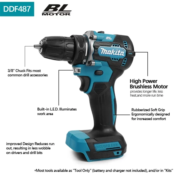 Makita DDF487 Brushless Motor 10mm Electric Impact Drill Makita 18V Battery - Image 2