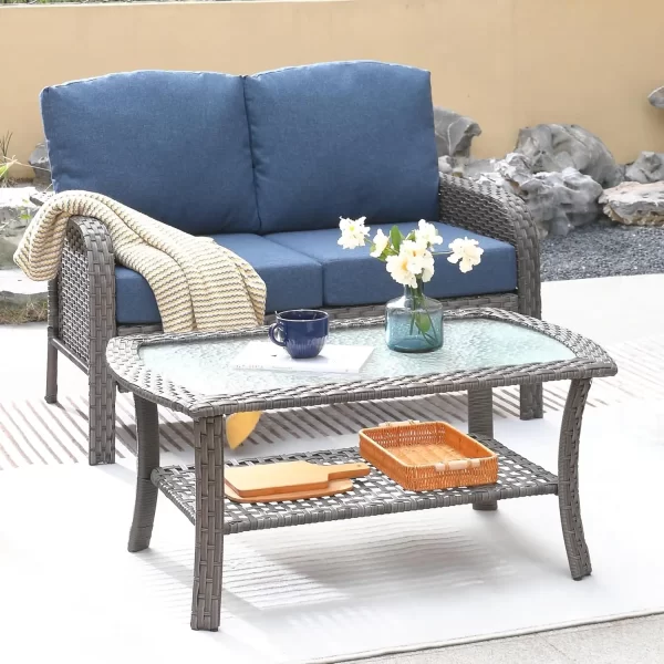 2 Pieces Patio Furniture Set, Outdoor Wicker Sofa with Glass Coffee Table - Image 7