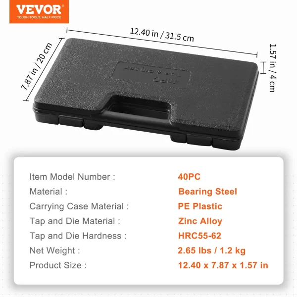 VEVOR Tap and Die Set 40PCs 60PCs 80PCs 110/116PCs Metric or SAE Standard Bearing Steel Taps and Dies Essential Threading Tool - Image 9