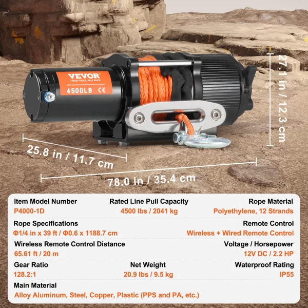 VEVOR 4500lbs ATV/UTV Electric Winch 12V DC with 39 ft Synthetic Rope Wireless & Wired Remote Control IP55 Waterproof - Image 7