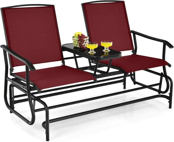 2 Person Swing Glider Chair, Patio Rocking Loveseat w/Center Tempered Glass Table - Image 9