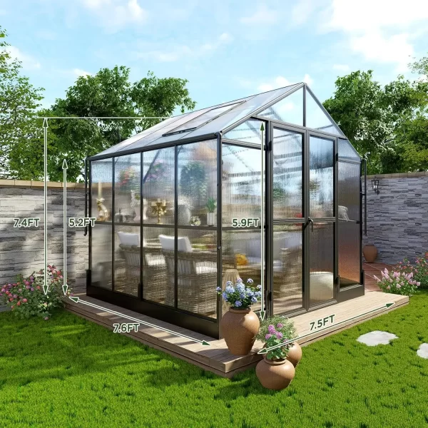 8x16x7.5 FT Polycarbonate Greenhouse Double with Swing Doors 4 Vents 5.2FT Added Wall Height, Walk-in Large Aluminum Greenhouse - Image 9