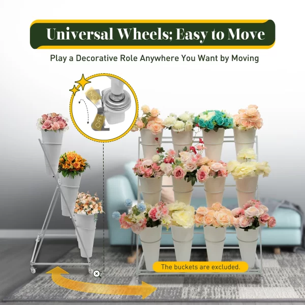 3 Layers Flower Display Stand Movable Modern Metal Plant Shelf with 12Pcs Flower Buckets - Image 38