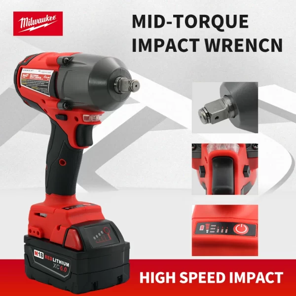 Milwaukee Mid-Torque Impact Professional Wrench 18V Lithium Battery Electric Cordless High Speed - Image 2