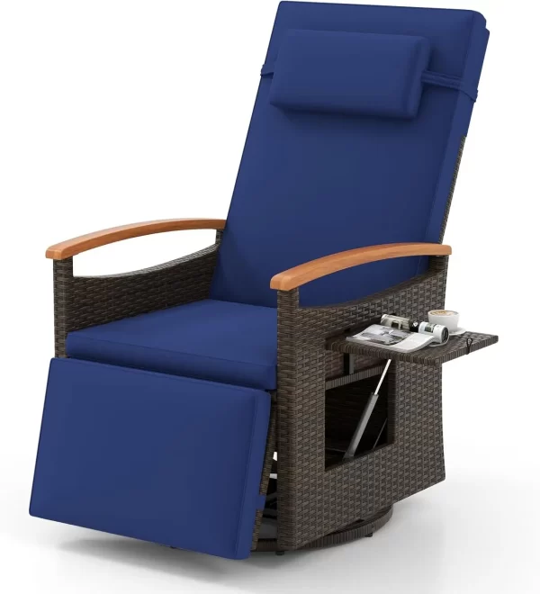 Outdoor Swivel Rattan Recliner Chairs Set of 2, Flip Side Table - Image 9