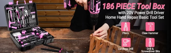 Pink Drill Tool Kit Set: 20V Cordless Power Drill Tool Box with Battery Electric Drill Driver - Image 7