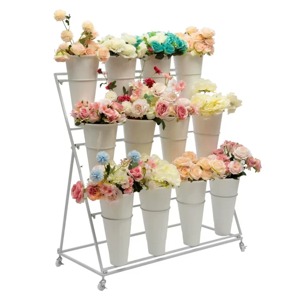 3 Layers Flower Display Stand Movable Modern Metal Plant Shelf with 12Pcs Flower Buckets - Image 2