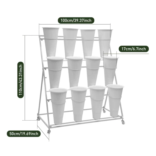 3 Layers Flower Display Stand Movable Modern Metal Plant Shelf with 12Pcs Flower Buckets - Image 14