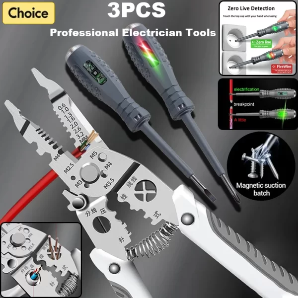 3pcs Professional Electricians Hand Tools Cable Stripping Pliers Multifunction Electrician Screwdriver