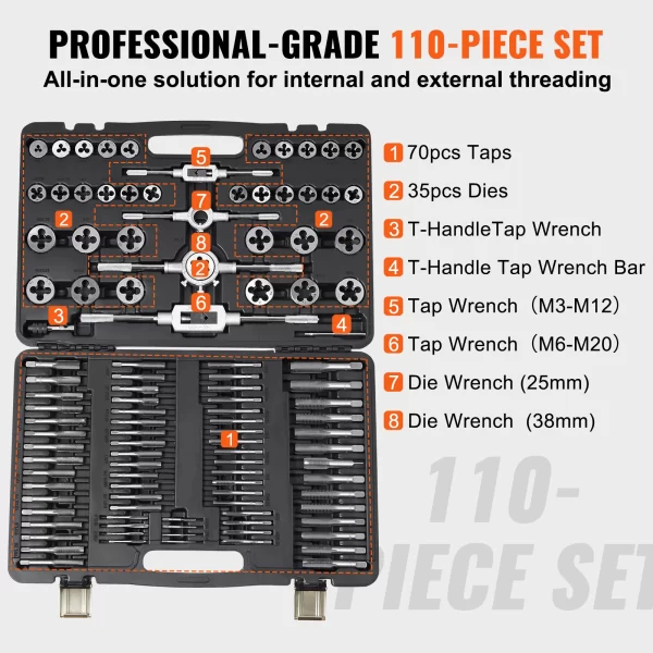 VEVOR Tap and Die Set 40PCs 60PCs 80PCs 110/116PCs Metric or SAE Standard Bearing Steel Taps and Dies Essential Threading Tool - Image 4