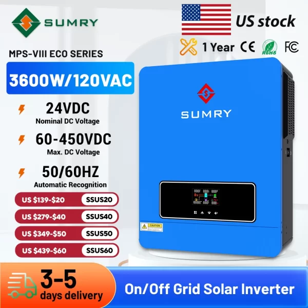Sumry 3600W Hybrid Solar Inverter 24V 110V Pure Sine Wave on/Off Grid Inverter