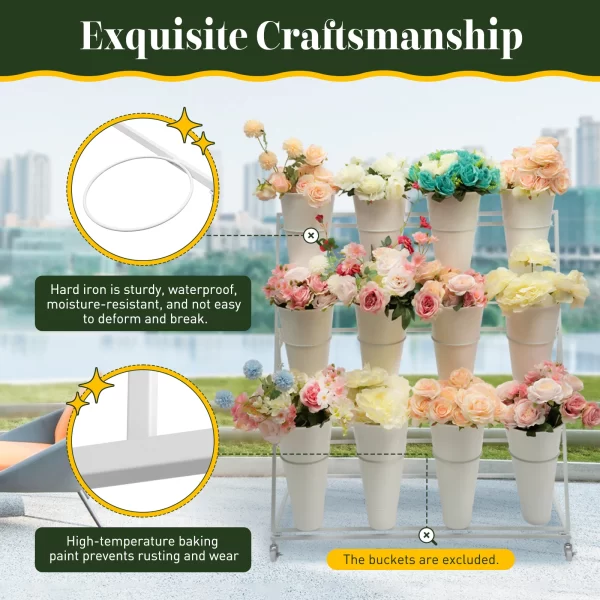 3 Layers Flower Display Stand Movable Modern Metal Plant Shelf with 12Pcs Flower Buckets - Image 34