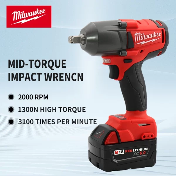 Milwaukee Mid-Torque Impact Professional Wrench 18V Lithium Battery Electric Cordless High Speed