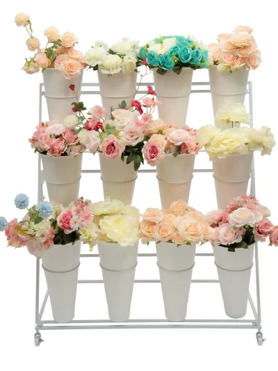 3 Layers Flower Display Stand Movable Modern Metal Plant Shelf with 12Pcs Flower Buckets