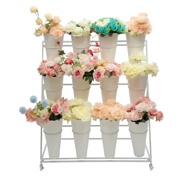3 Layers Flower Display Stand Movable Modern Metal Plant Shelf with 12Pcs Flower Buckets