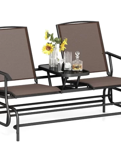 2 Person Swing Glider Chair, Patio Rocking Loveseat w/Center Tempered Glass Table
