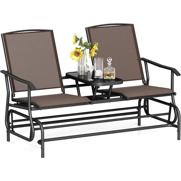 2 Person Swing Glider Chair, Patio Rocking Loveseat w/Center Tempered Glass Table