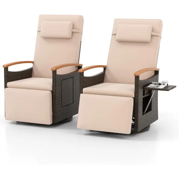 Outdoor Swivel Rattan Recliner Chairs Set of 2, Flip Side Table
