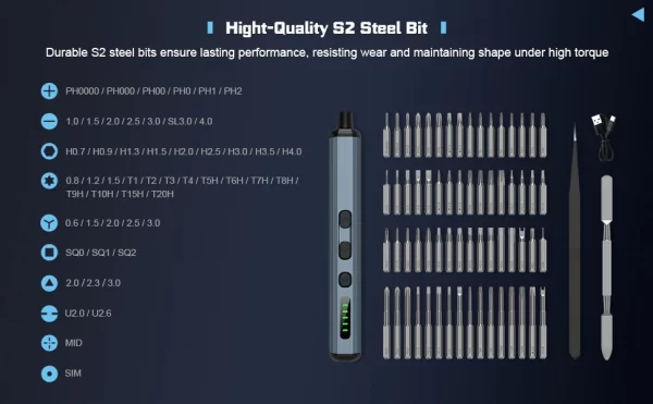 Precision Electric Screwdriver Set 68 in 1 Cordless 64 S2 Precision Drill Bits 5 Torque Settings - Image 11
