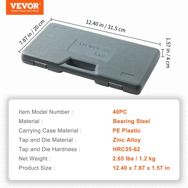 VEVOR Tap and Die Set 40PCs 60PCs 80PCs 110/116PCs Metric or SAE Standard Bearing Steel Taps and Dies Essential Threading Tool - Image 10