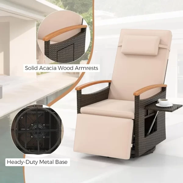 Outdoor Swivel Rattan Recliner Chairs Set of 2, Flip Side Table - Image 6