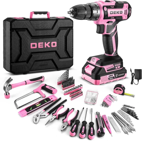 Pink Drill Tool Kit Set: 20V Cordless Power Drill Tool Box with Battery Electric Drill Driver